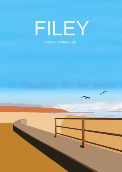 A4 digital art poster print of filey brigg and coble landing with seagulls and filey written at the top