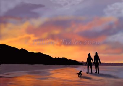 A4 print of a couple with a dog walking across the beach towards filey brigg at sunset