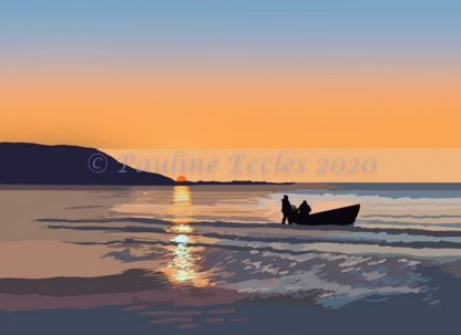 Landscape A4 digital art print of a coble fishing boat in Filey Bay at dawn