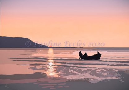 Landscape Digital Art of a hazy peach sunrise casting light across Filey Bay as three early morning fishermen bring in their haul