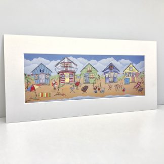 five little beach huts by the sea mounted art print