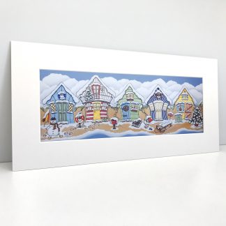 five little beach huts in the snow mounted art print